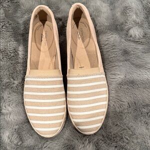 Clarks Tan and White Striped Espadrilles
